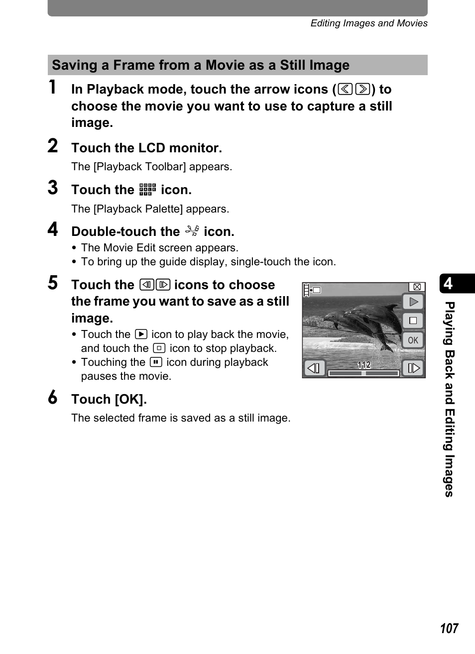 Saving a frame from a movie as a still image, E (p.107, P.107 | Pentax Optio T10 User Manual | Page 109 / 163