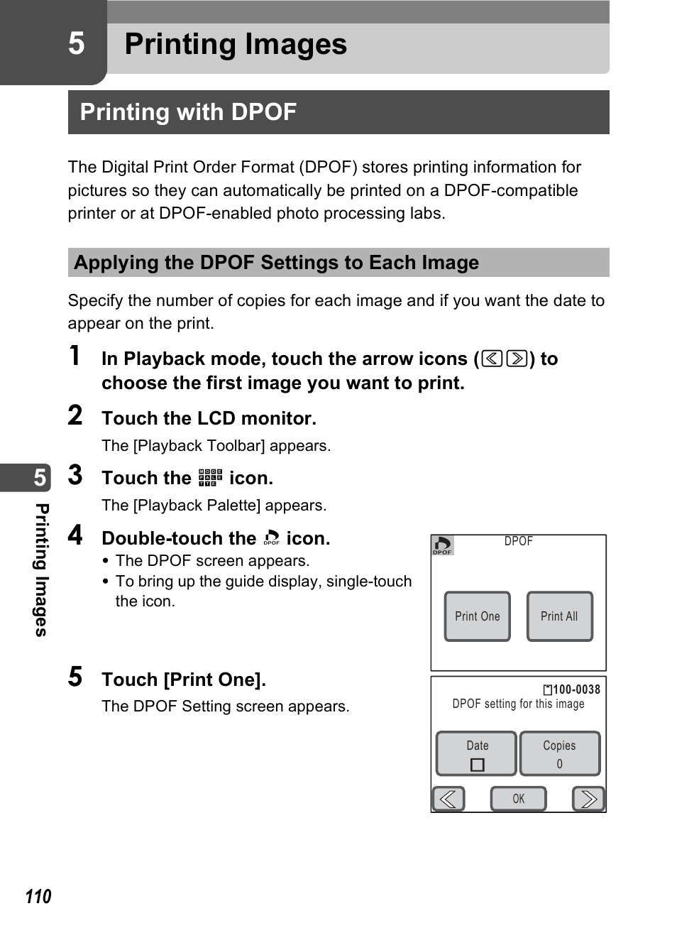 Printing images, Printing with dpof, Applying the dpof settings to each image | P.110, 5 printing images, Ng (p.110 | Pentax Optio T10 User Manual | Page 112 / 163