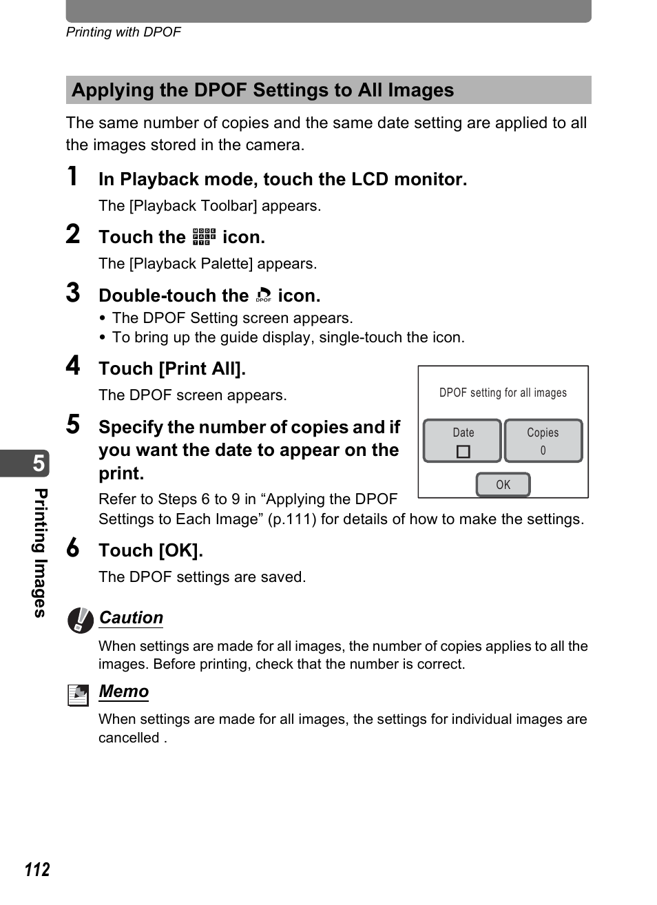 Applying the dpof settings to all images | Pentax Optio T10 User Manual | Page 114 / 163