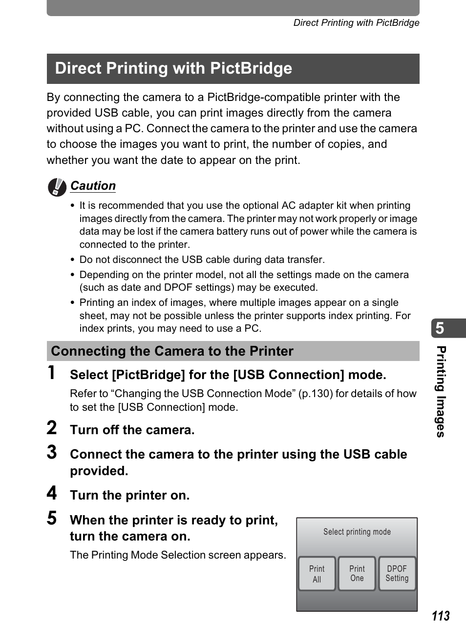 Direct printing with pictbridge, Connecting the camera to the printer, P.113 | Pentax Optio T10 User Manual | Page 115 / 163