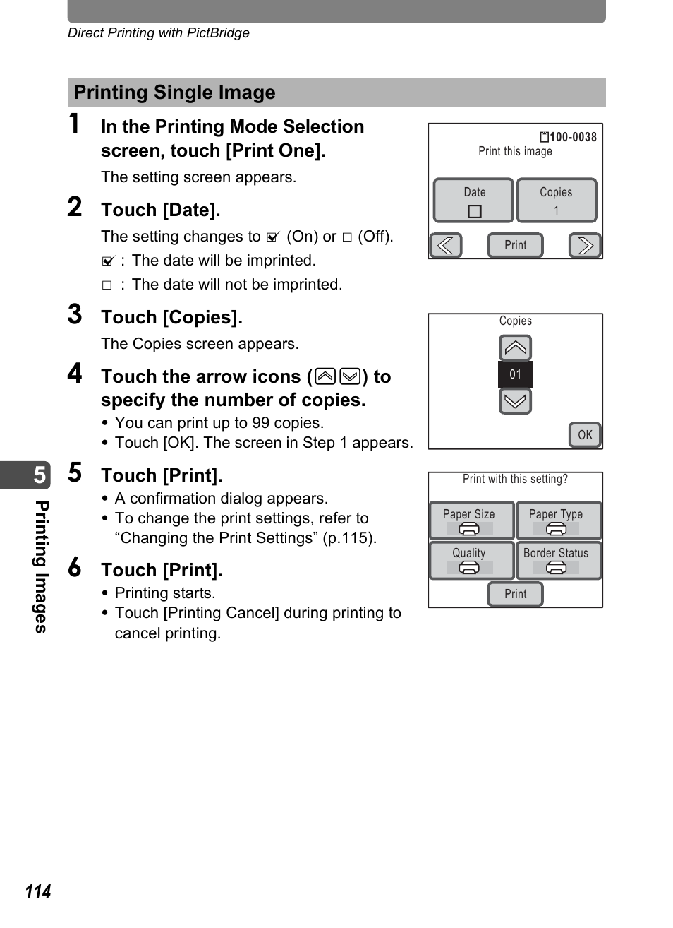 Printing single image, P.114), P.114 | Pentax Optio T10 User Manual | Page 116 / 163