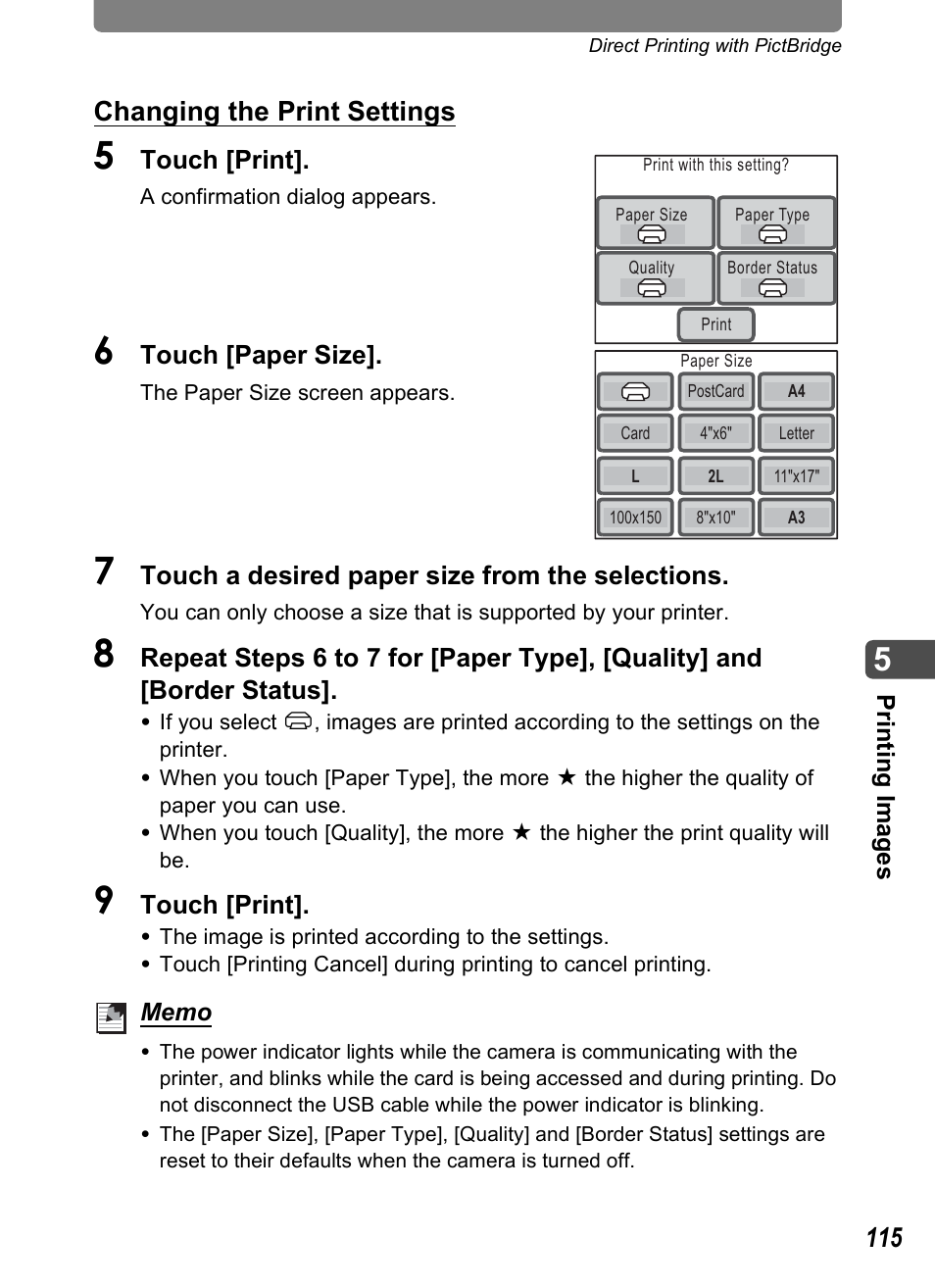 Changing the print settings | Pentax Optio T10 User Manual | Page 117 / 163