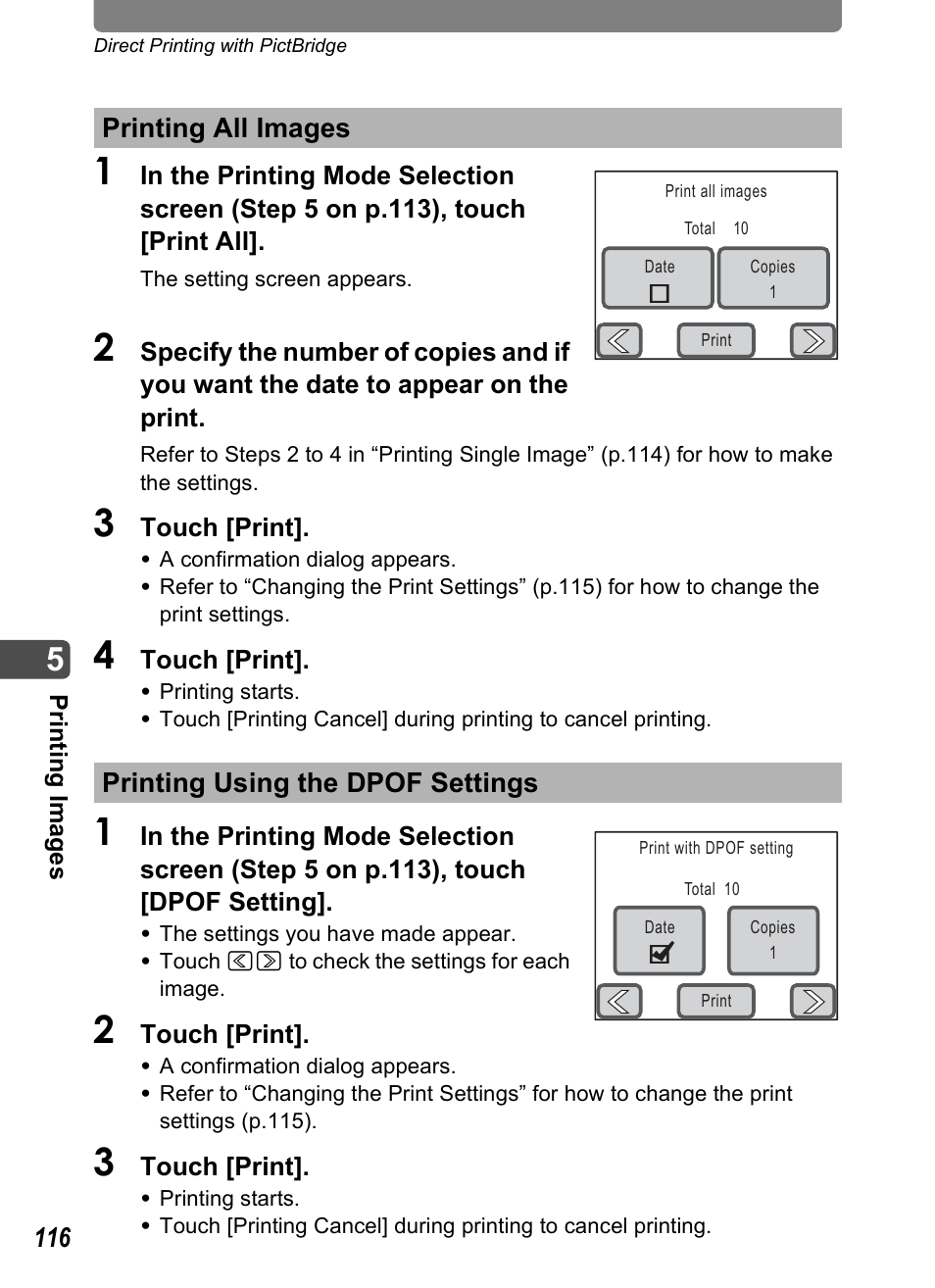 Printing all images, Printing using the dpof settings, P.116) | P.116 | Pentax Optio T10 User Manual | Page 118 / 163