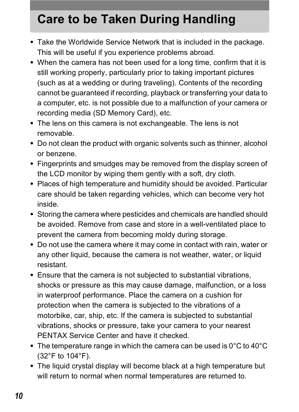 Care to be taken during handling | Pentax Optio T10 User Manual | Page 12 / 163