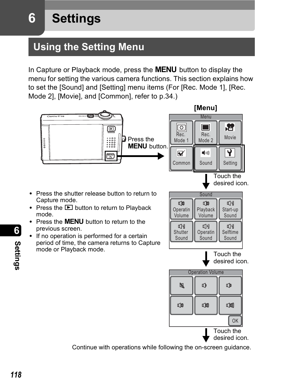 Settings, Using the setting menu, P.118) | P.118, 6 settings, Se tting s | Pentax Optio T10 User Manual | Page 120 / 163