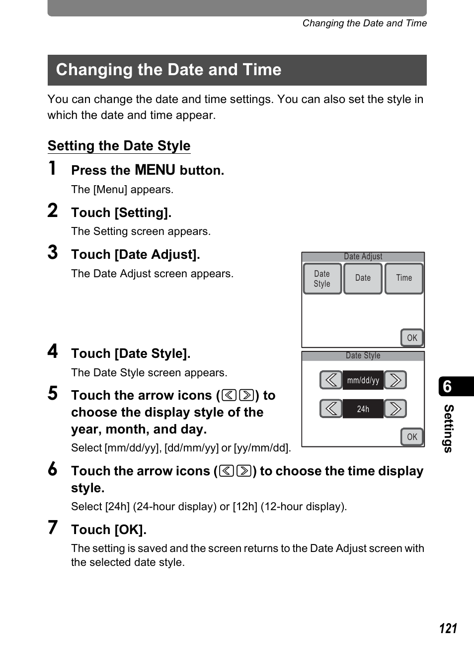 Changing the date and time, P.121 | Pentax Optio T10 User Manual | Page 123 / 163