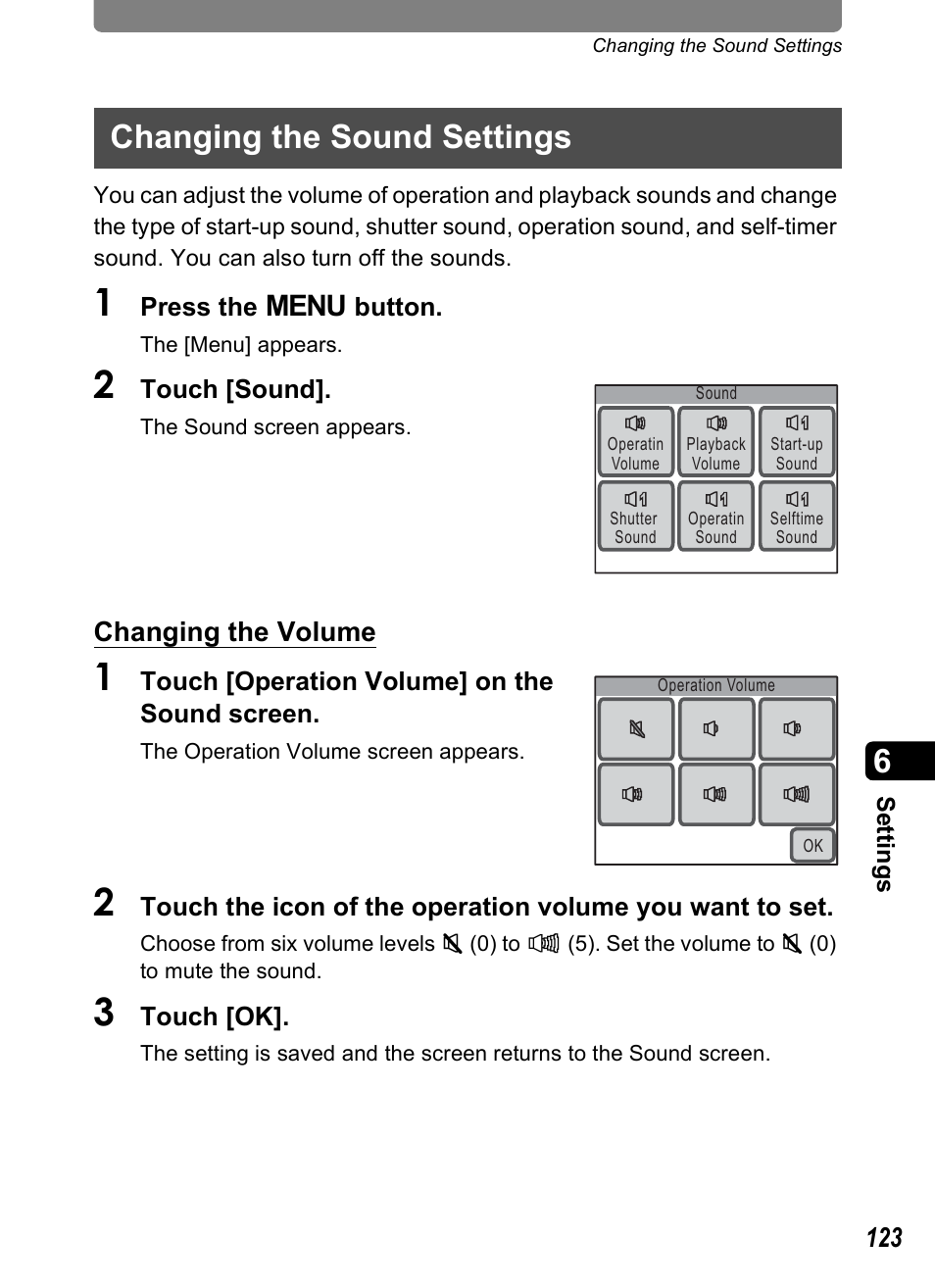 Changing the sound settings, P.123, Changing the volume | Pentax Optio T10 User Manual | Page 125 / 163