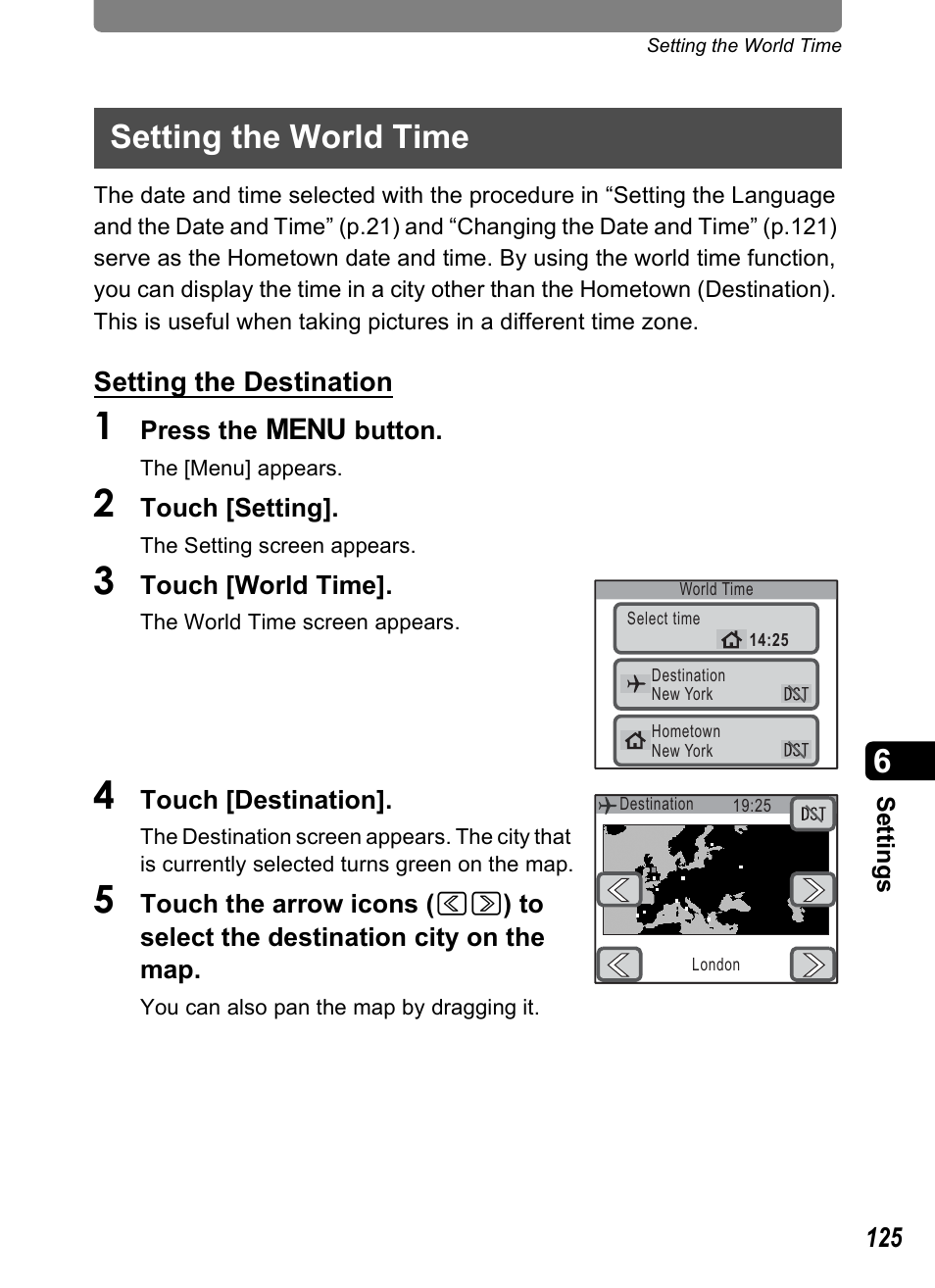 Setting the world time, P.125 | Pentax Optio T10 User Manual | Page 127 / 163