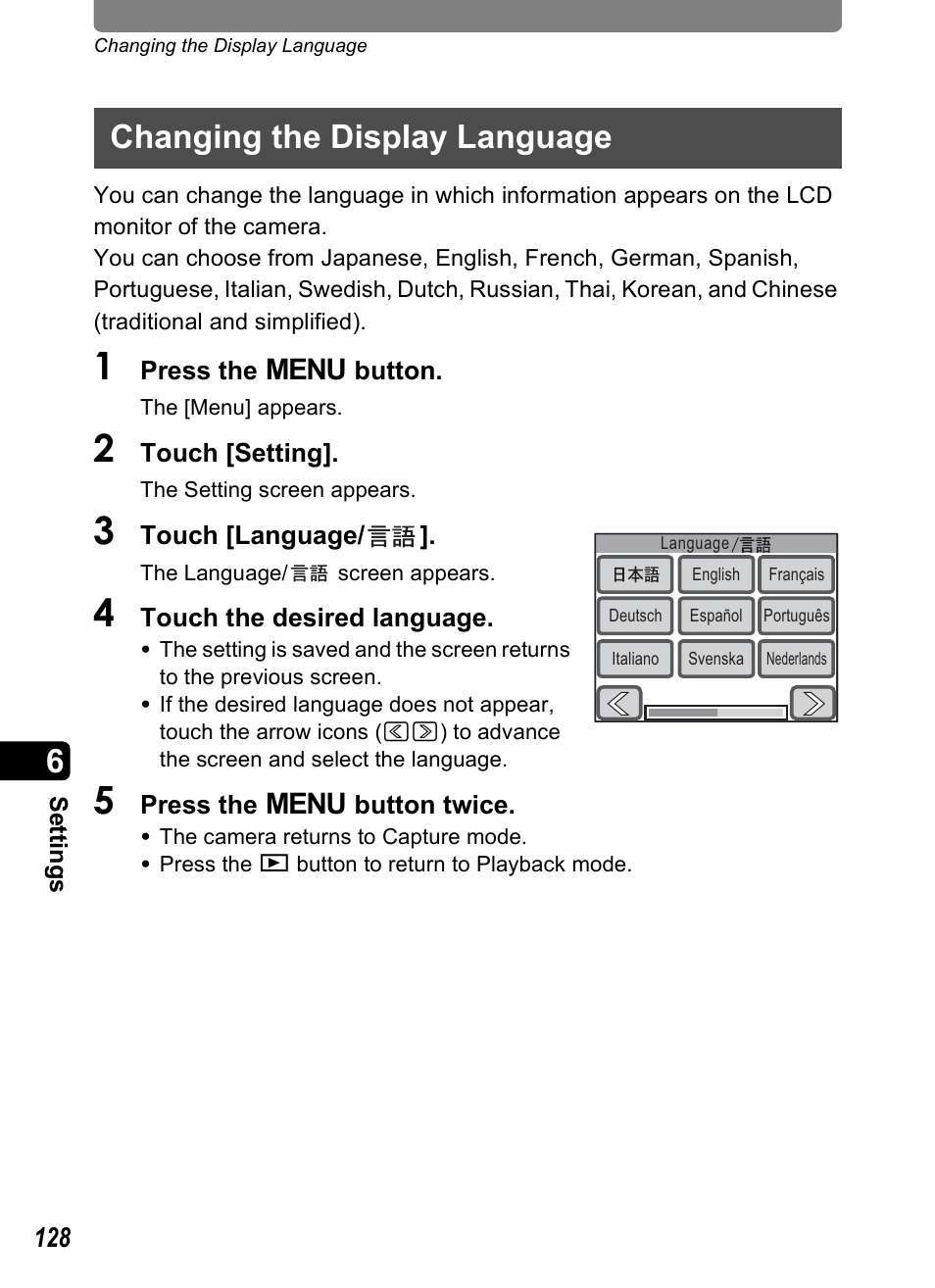 Changing the display language, P.128 | Pentax Optio T10 User Manual | Page 130 / 163