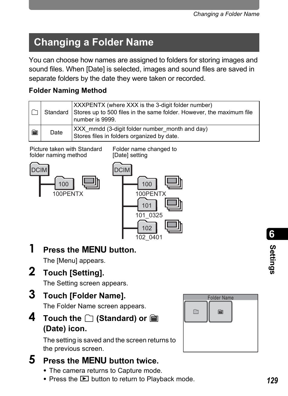 Changing a folder name, P.129 | Pentax Optio T10 User Manual | Page 131 / 163