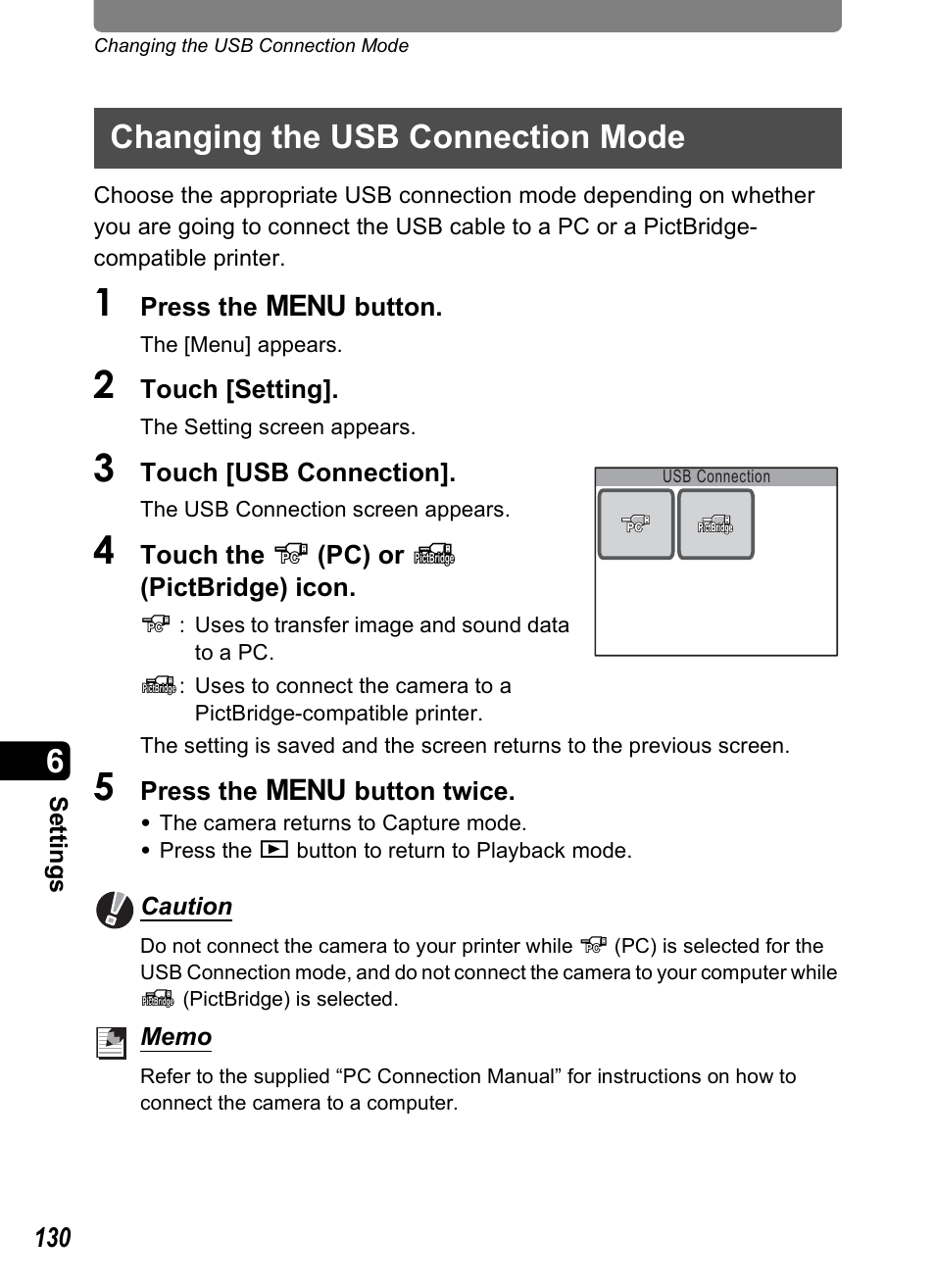 Changing the usb connection mode, P.130), P.130 | Pentax Optio T10 User Manual | Page 132 / 163