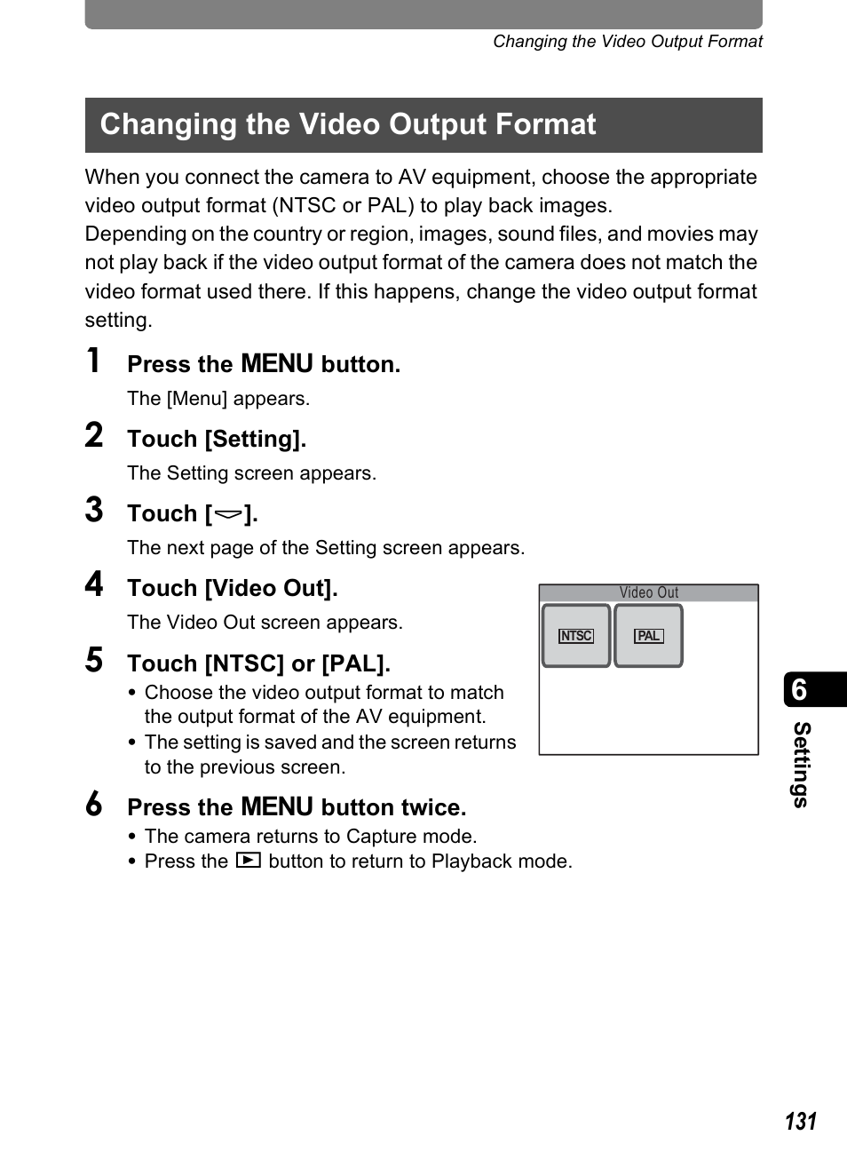 Changing the video output format, P.131 | Pentax Optio T10 User Manual | Page 133 / 163