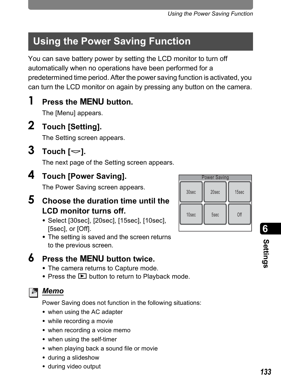 Using the power saving function, P.133 | Pentax Optio T10 User Manual | Page 135 / 163