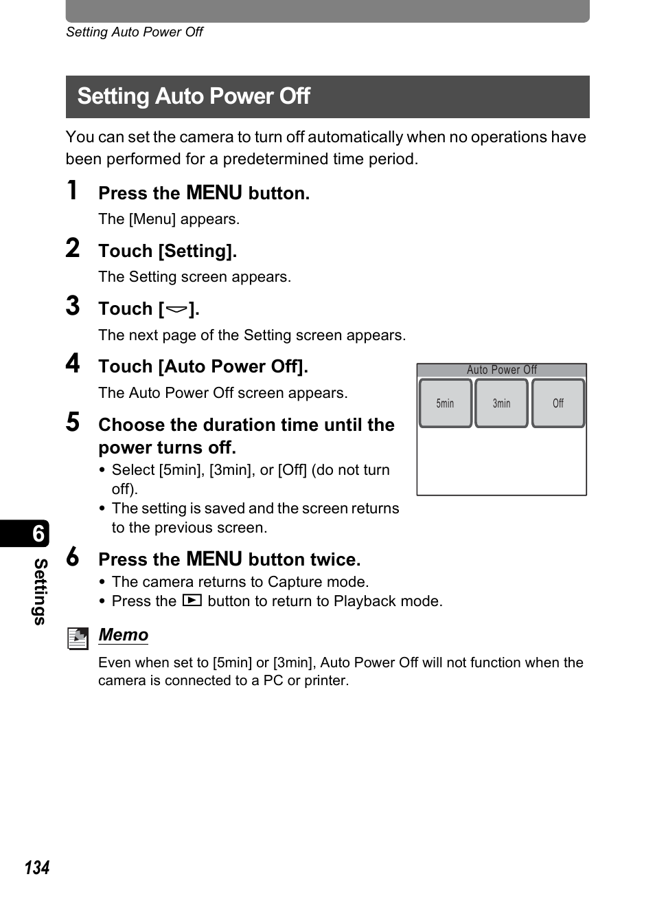 Setting auto power off, P.134 | Pentax Optio T10 User Manual | Page 136 / 163