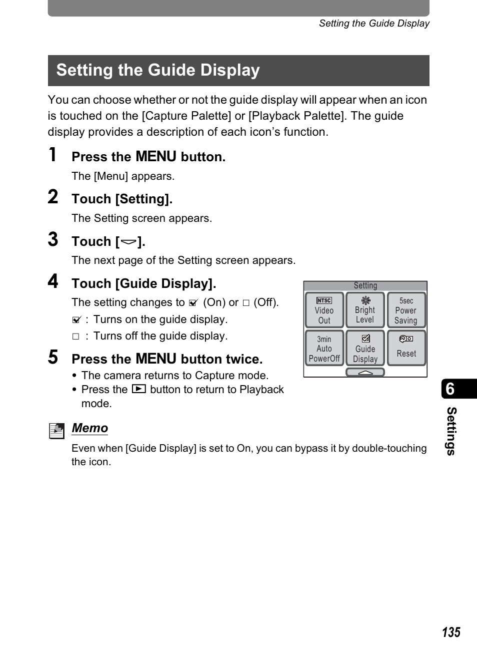 Setting the guide display, P.135 | Pentax Optio T10 User Manual | Page 137 / 163