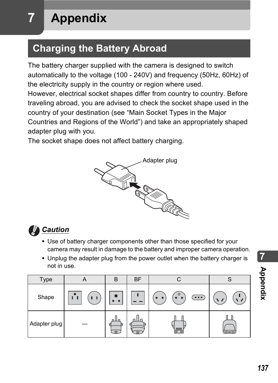 Appendix, Charging the battery abroad, P.137 | 7 appendix | Pentax Optio T10 User Manual | Page 139 / 163