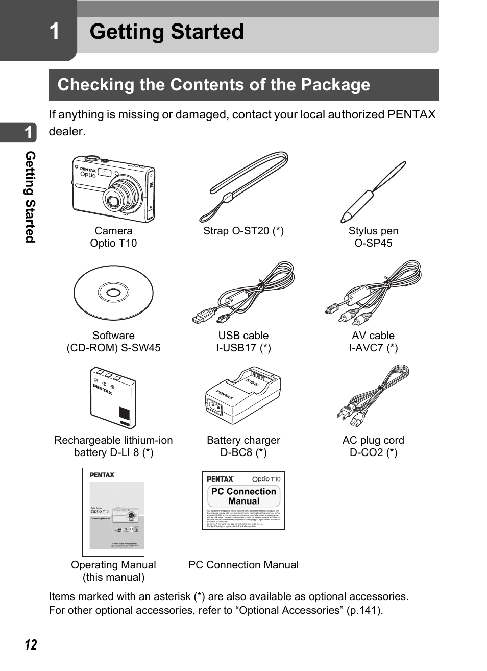 Getting started, Checking the contents of the package, P.12 | 1 getting started | Pentax Optio T10 User Manual | Page 14 / 163