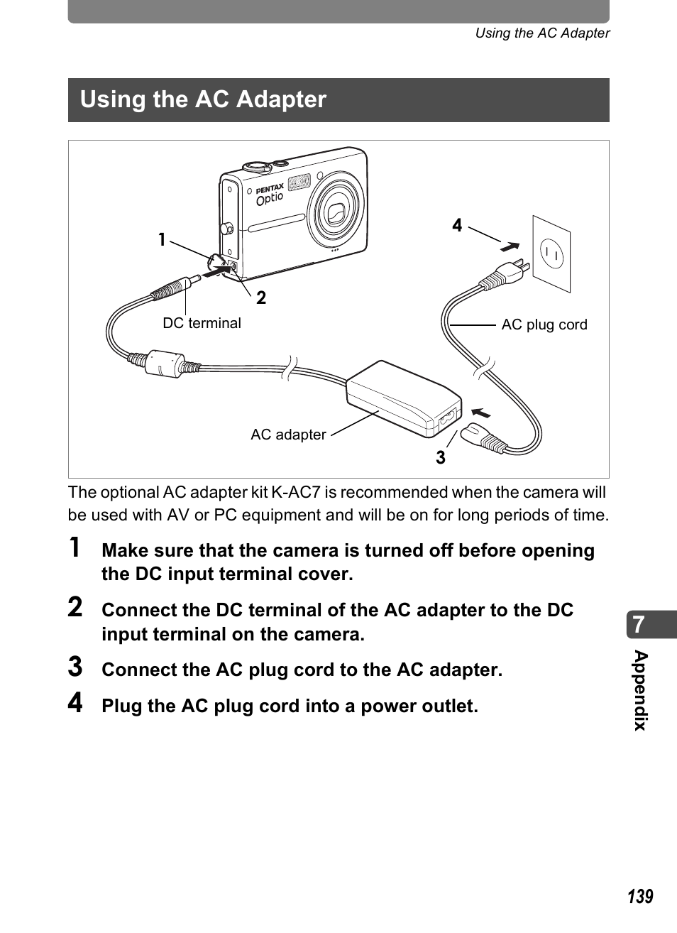 Using the ac adapter, P.139 | Pentax Optio T10 User Manual | Page 141 / 163