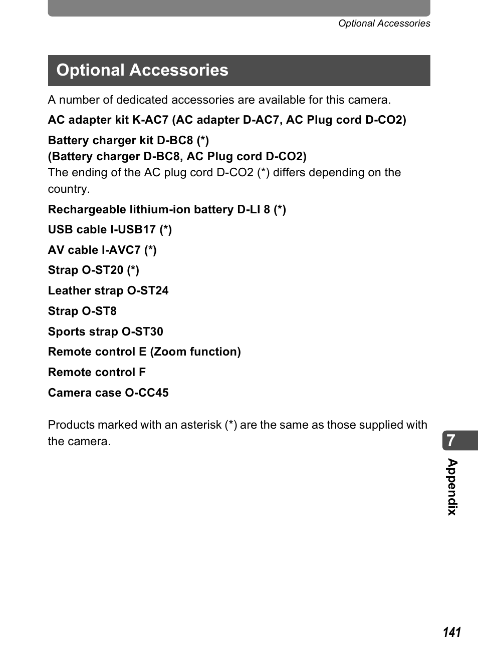 Optional accessories | Pentax Optio T10 User Manual | Page 143 / 163
