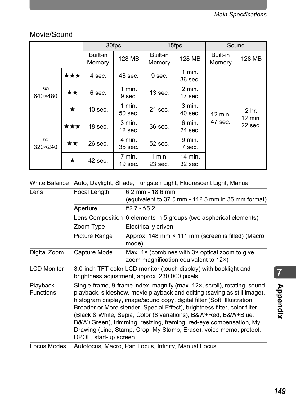 App e nd ix, Movie/sound | Pentax Optio T10 User Manual | Page 151 / 163