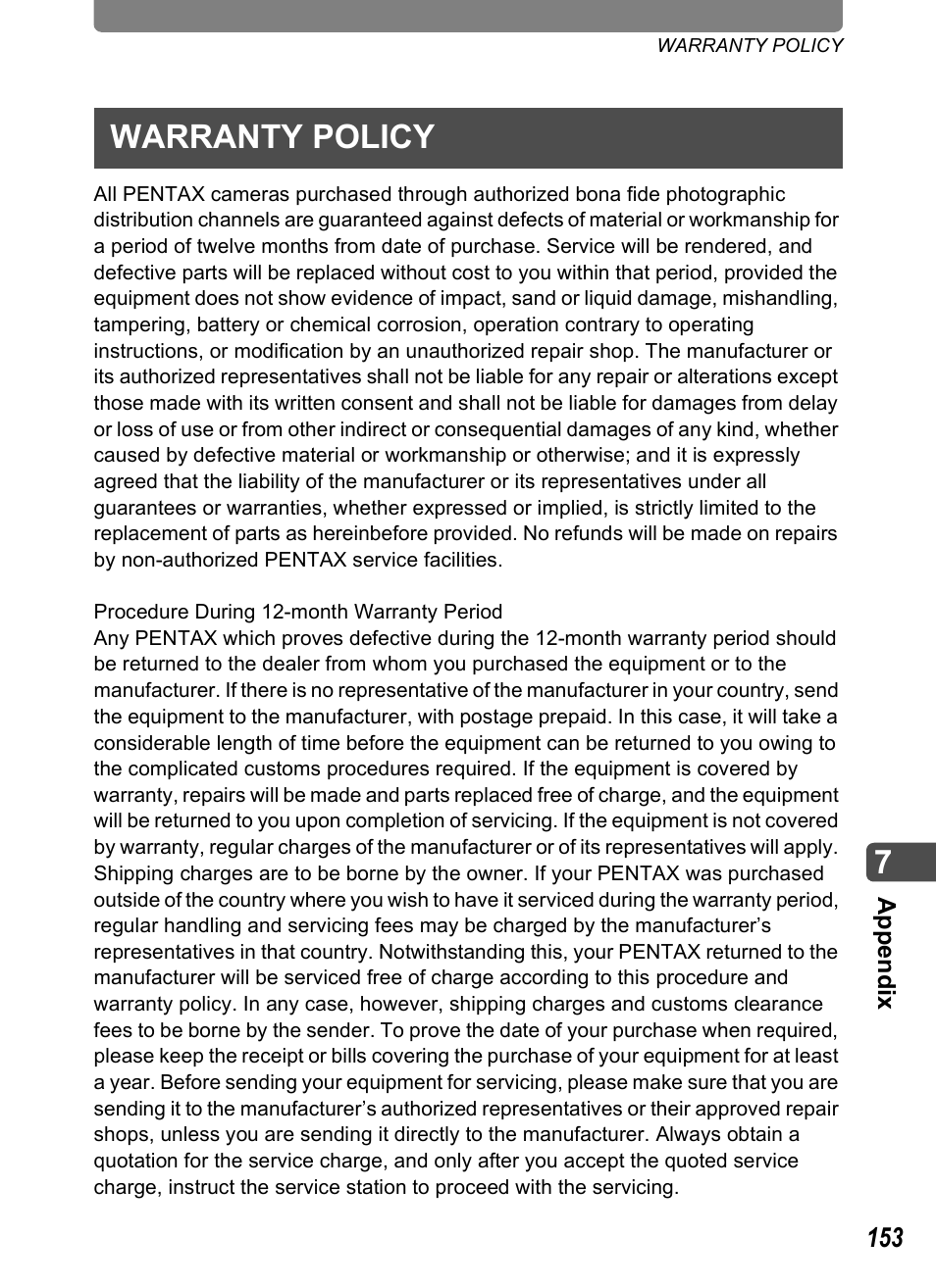 Warranty policy | Pentax Optio T10 User Manual | Page 155 / 163