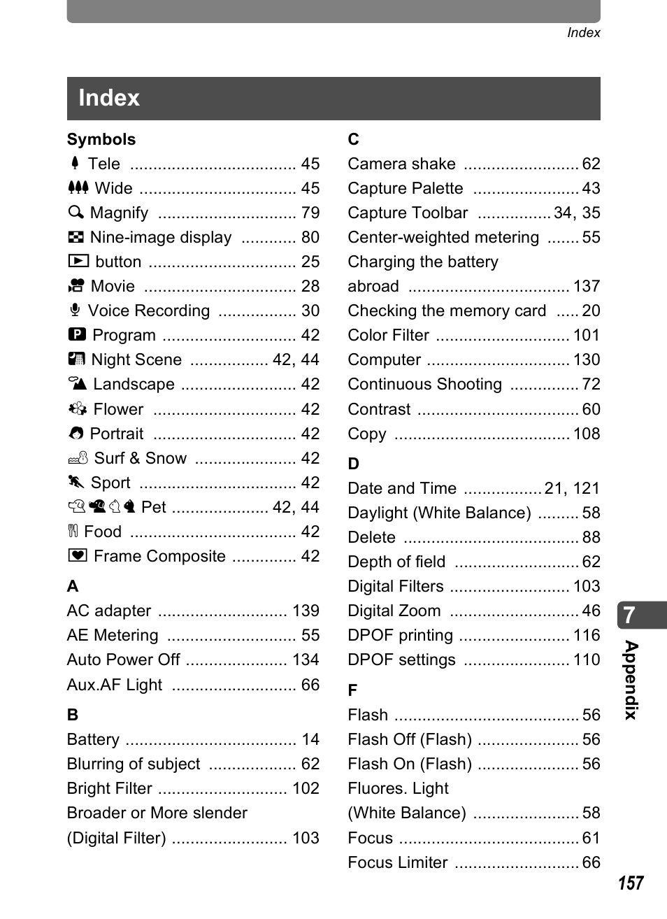 Index | Pentax Optio T10 User Manual | Page 159 / 163