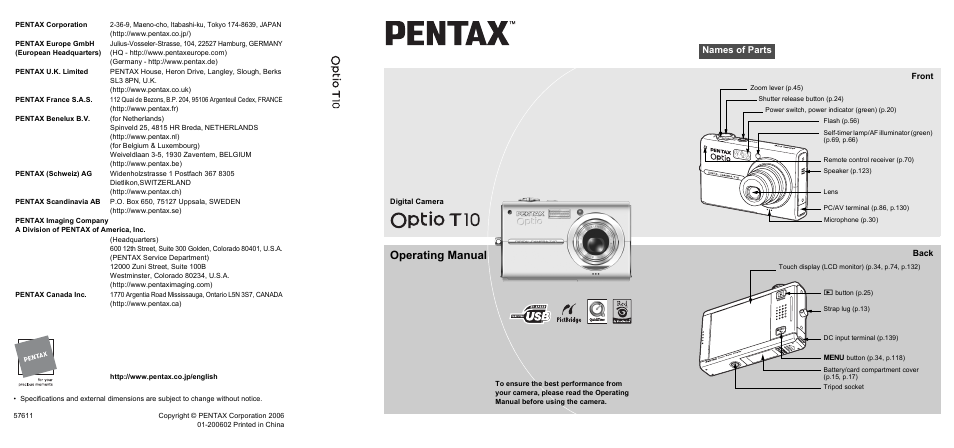 Operating manual, Names of parts, Front | Back | Pentax Optio T10 User Manual | Page 163 / 163