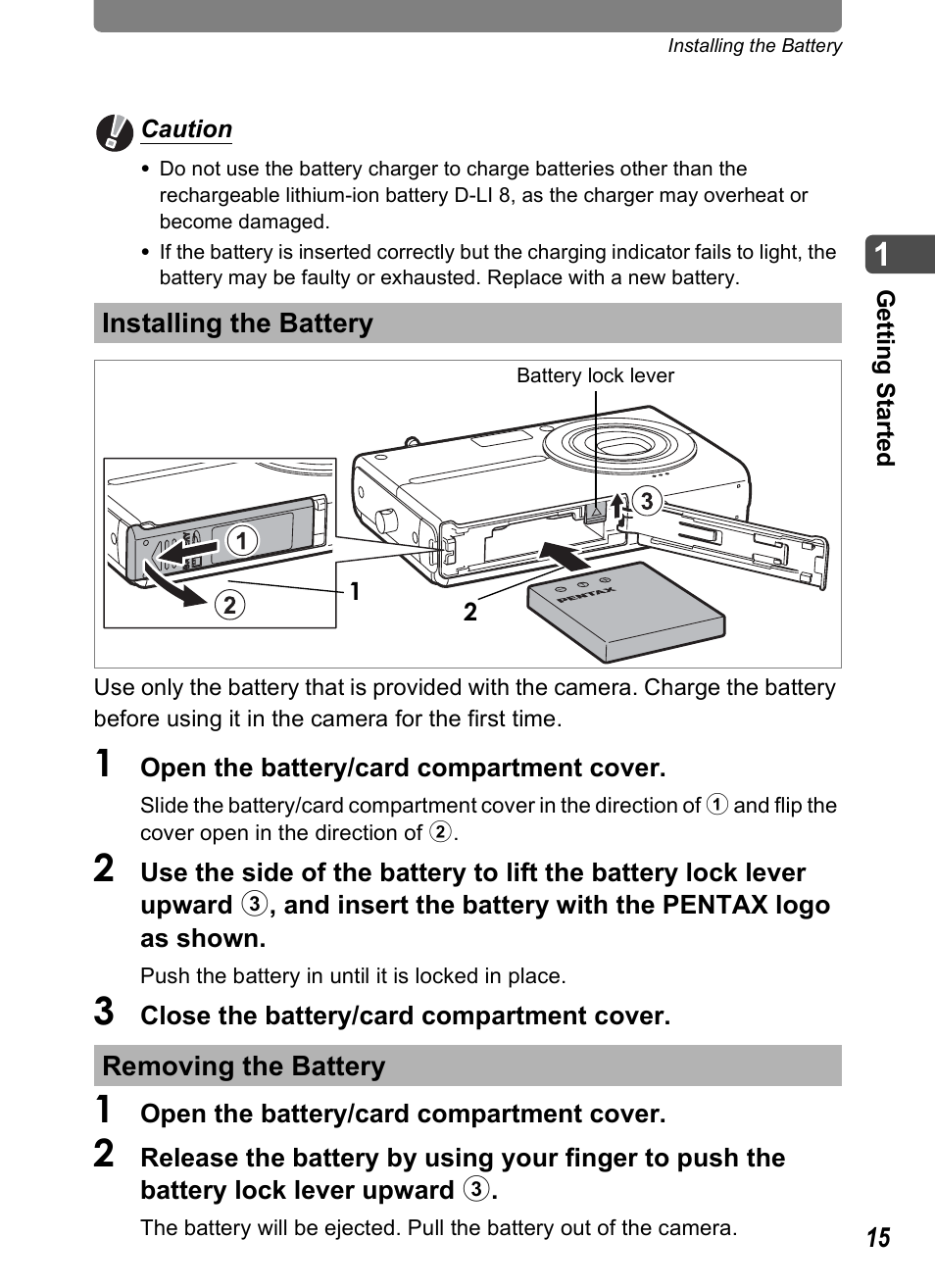 Installing the battery, Removing the battery, P.15, p | Installing the battery removing the battery | Pentax Optio T10 User Manual | Page 17 / 163