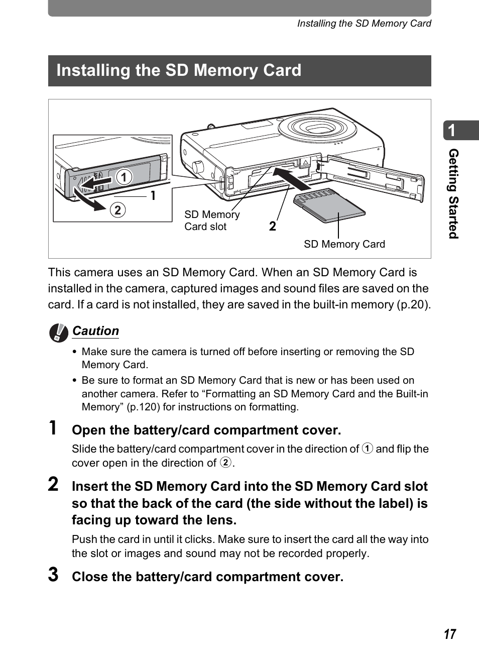 Installing the sd memory card | Pentax Optio T10 User Manual | Page 19 / 163