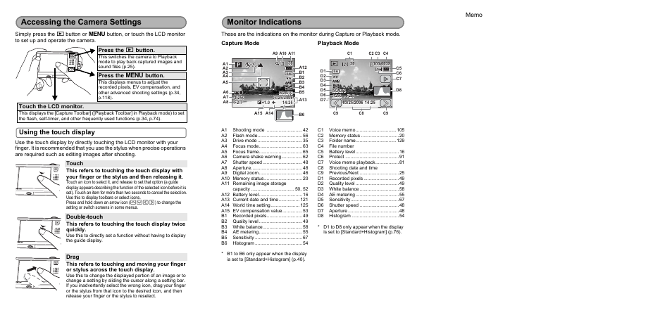 Accessing the camera settings, Monitor indications, Using the touch display | Touch, Double-touch, Drag, Press the q button, Press the 3 button, Touch the lcd monitor, Capture mode | Pentax Optio T10 User Manual | Page 2 / 163