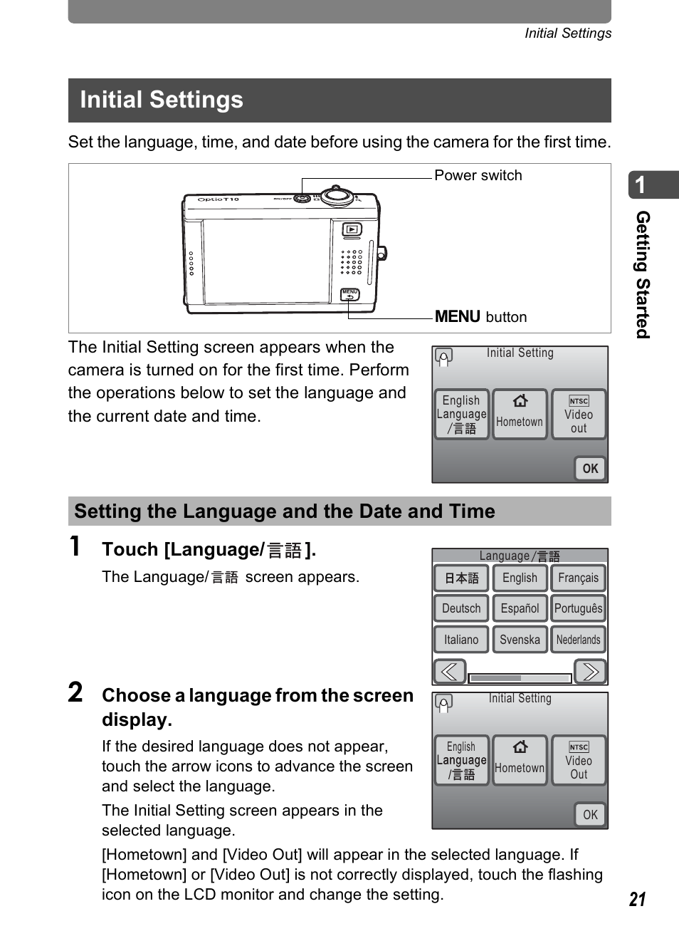 Initial settings, Setting the language and the date and time, Touch [language | Choose a language from the screen display | Pentax Optio T10 User Manual | Page 23 / 163