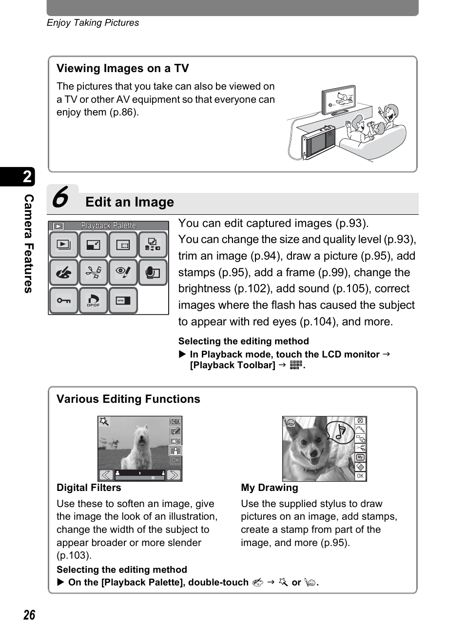 Edit an image, Came ra fe ature s | Pentax Optio T10 User Manual | Page 28 / 163