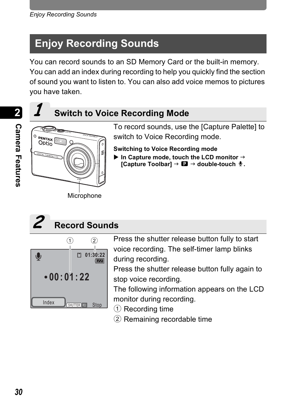 Enjoy recording sounds, P.30) | Pentax Optio T10 User Manual | Page 32 / 163