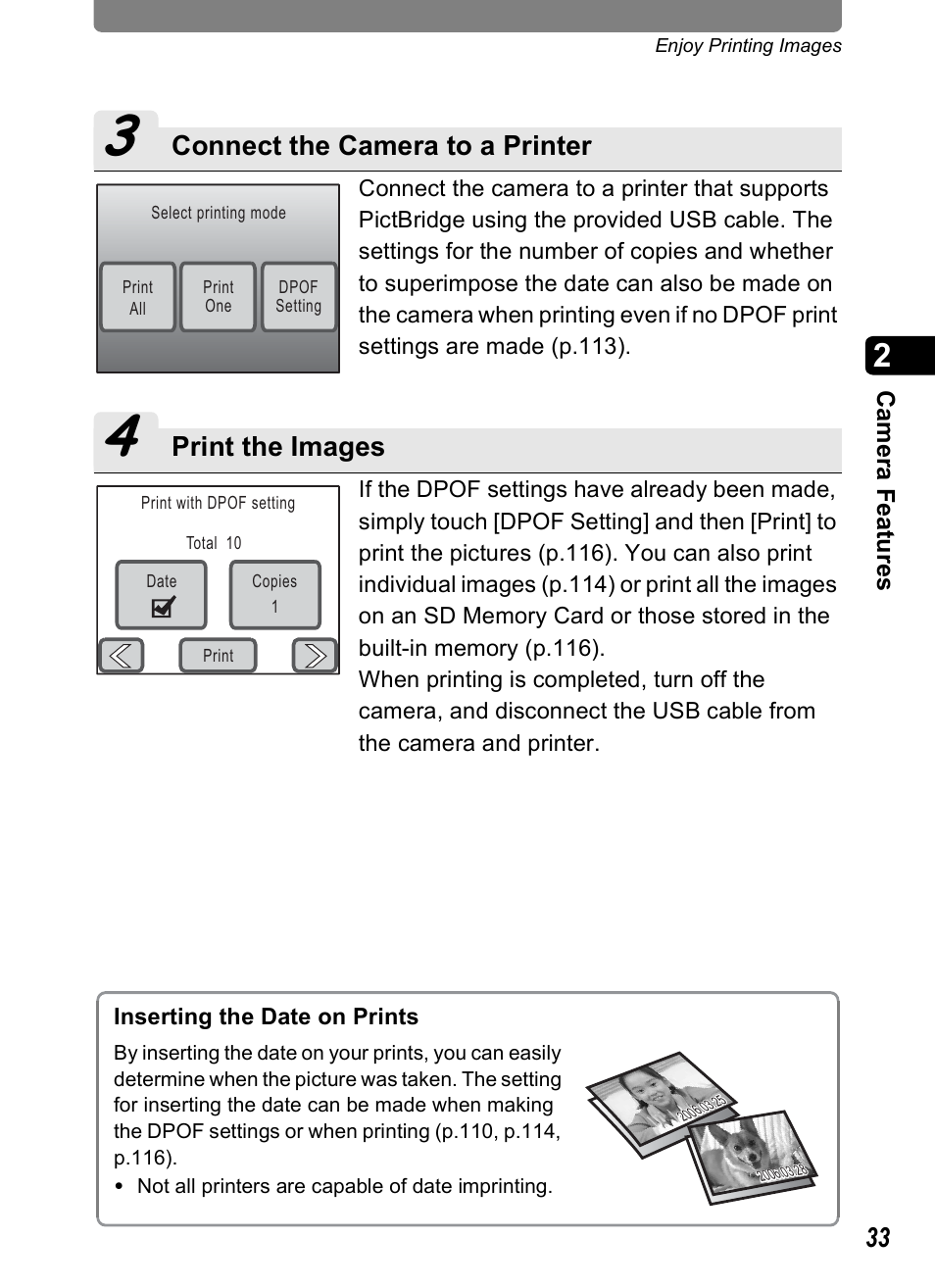 Connect the camera to a printer, Print the images | Pentax Optio T10 User Manual | Page 35 / 163