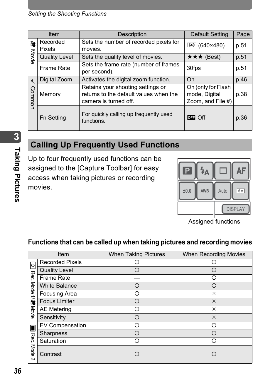 Calling up frequently used functions, Tak ing pi cture s | Pentax Optio T10 User Manual | Page 38 / 163