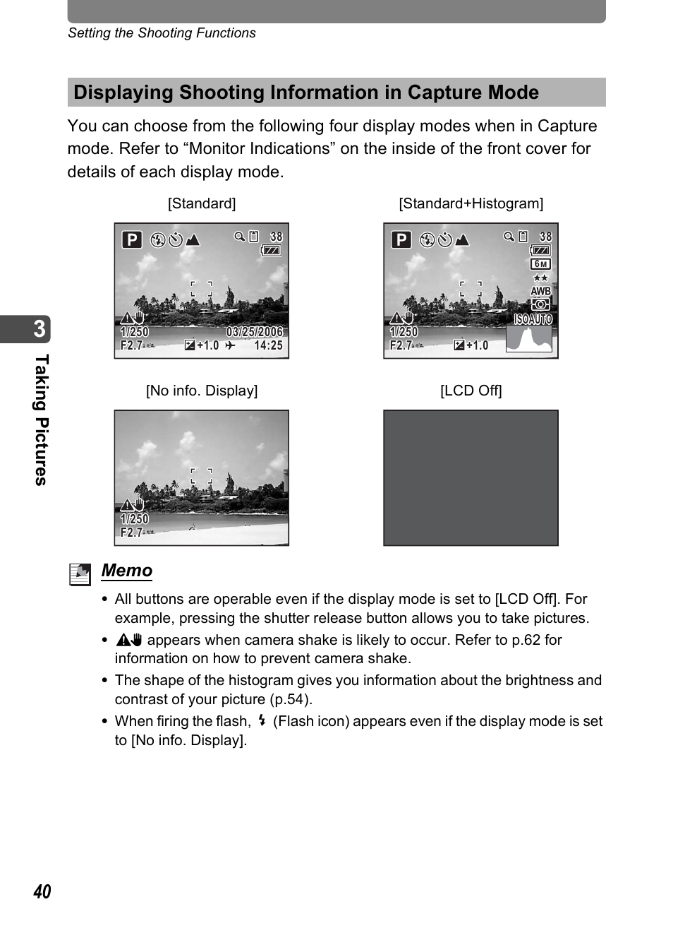 Displaying shooting information in capture mode, P.40, Tak ing pi cture s | Pentax Optio T10 User Manual | Page 42 / 163