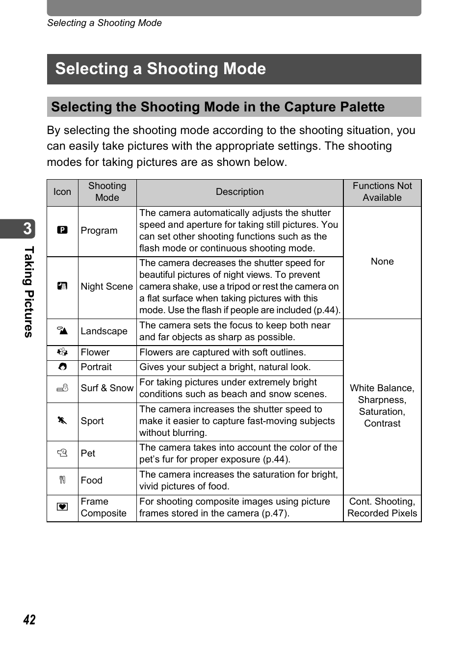 Selecting a shooting mode, Selecting the shooting mode in the capture palette, E (p.42) | P.42, Tak ing pi cture s | Pentax Optio T10 User Manual | Page 44 / 163