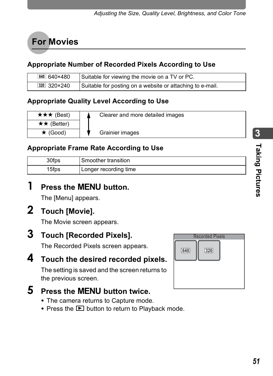 P.51), P.51, For movies | Pentax Optio T10 User Manual | Page 53 / 163