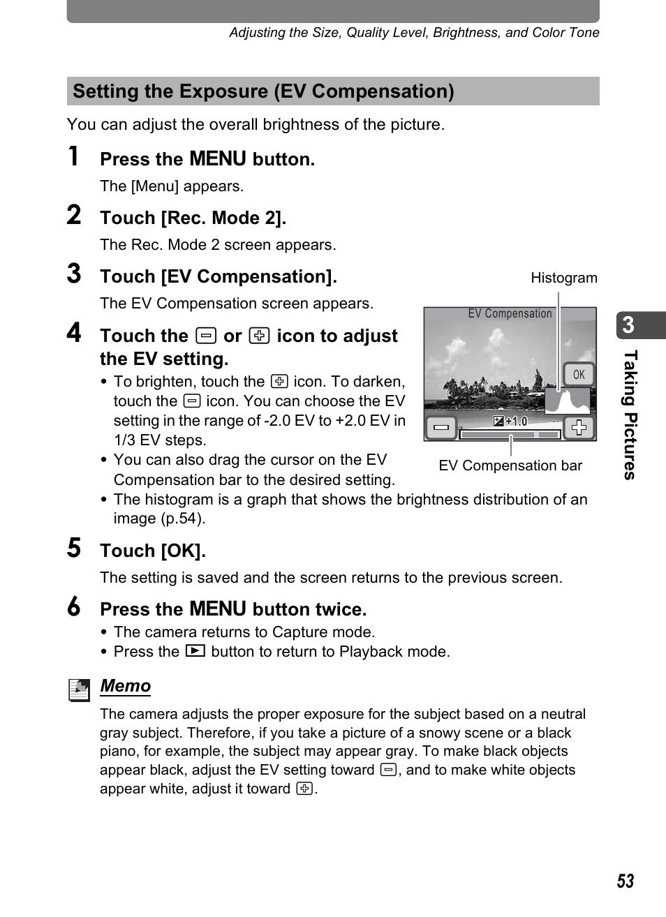 Setting the exposure (ev compensation), Setting the exposure (ev compensation)” (p.53), Ing (p.53) | P.53, On (p.53) | Pentax Optio T10 User Manual | Page 55 / 163