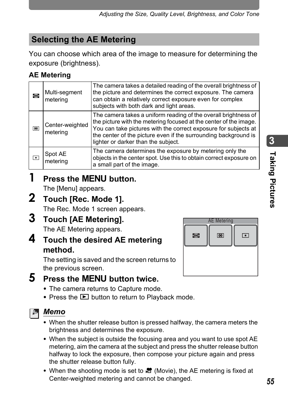 Selecting the ae metering, Selecting the ae metering” (p.55), Ng (p.55) | P.55, P.55) | Pentax Optio T10 User Manual | Page 57 / 163