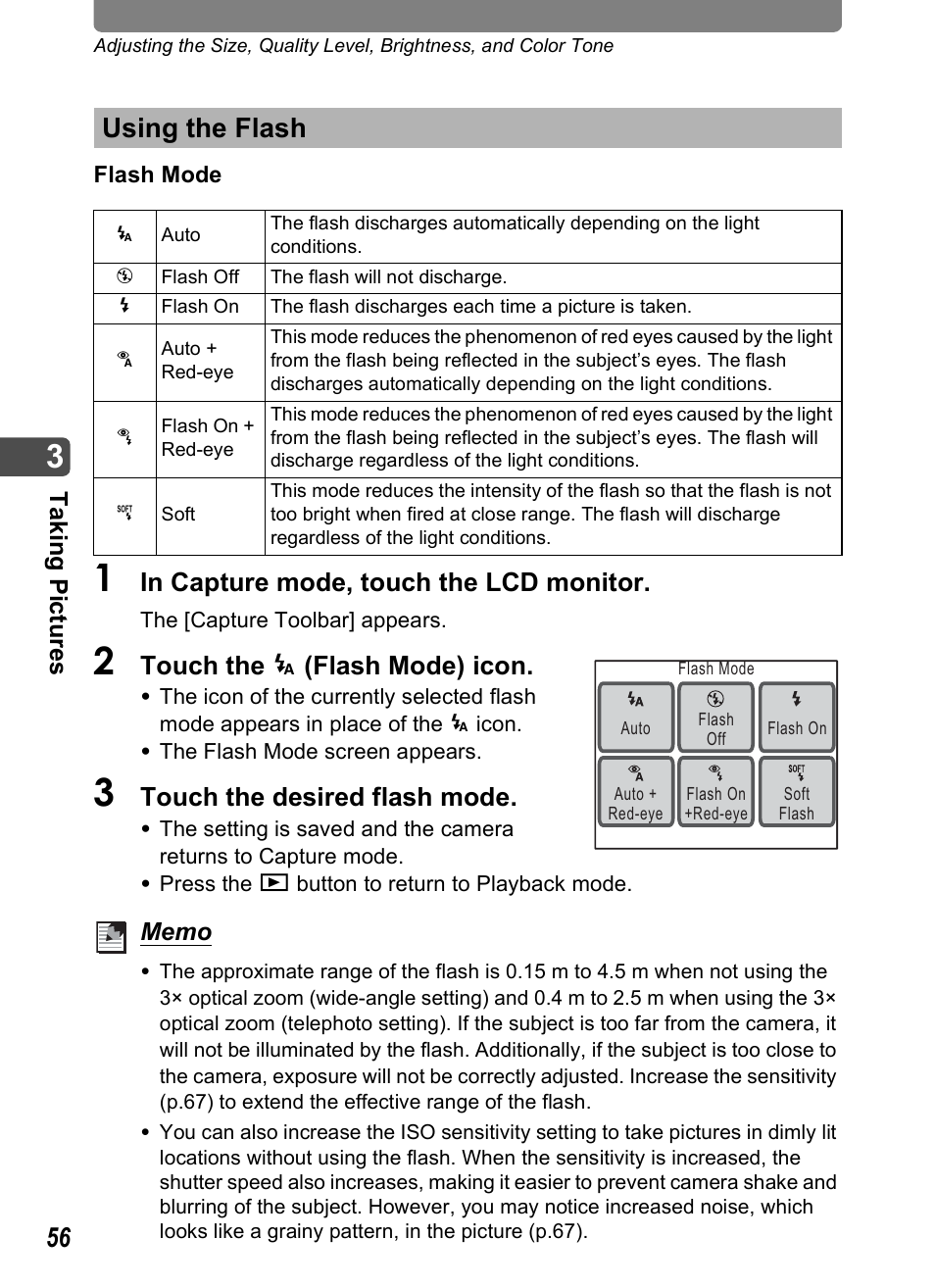 Using the flash, P.56), P.56 | Touch the , (flash mode) icon, Touch the desired flash mode | Pentax Optio T10 User Manual | Page 58 / 163