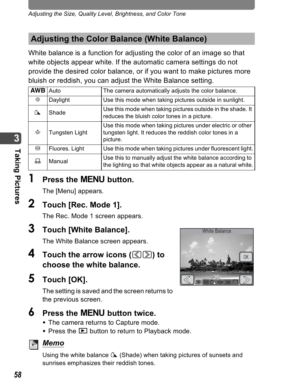 Adjusting the color balance (white balance), P.58), P.58 | Pentax Optio T10 User Manual | Page 60 / 163