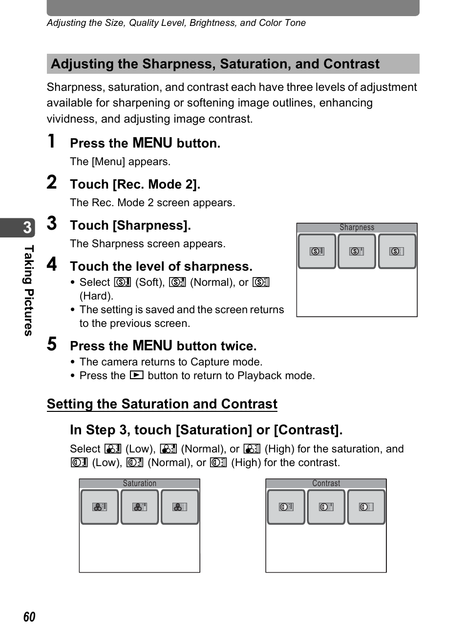 Adjusting the sharpness, saturation, and contrast, P.60, P.60) | Pentax Optio T10 User Manual | Page 62 / 163