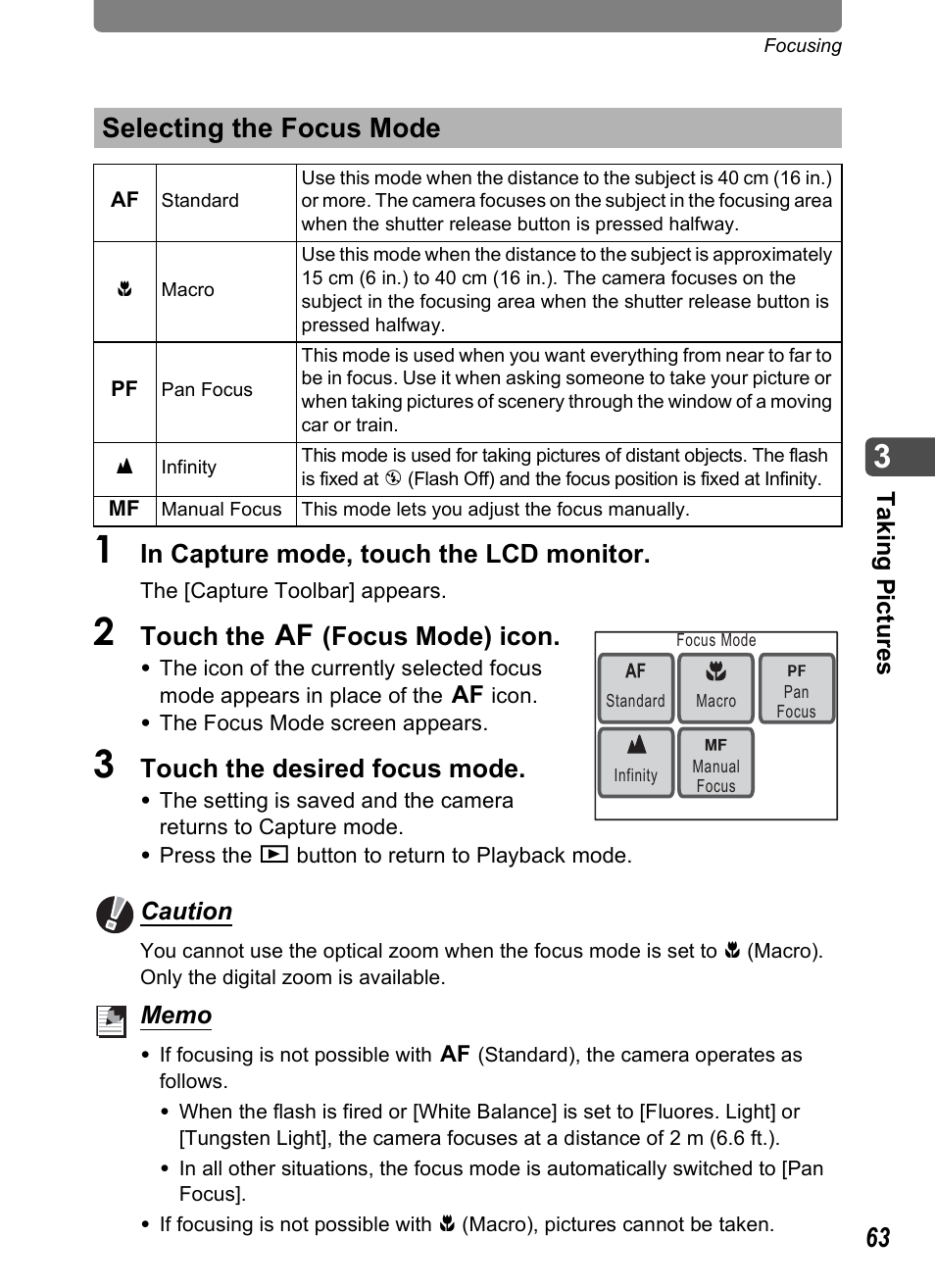 Selecting the focus mode, P.63, Touch the = (focus mode) icon | Touch the desired focus mode | Pentax Optio T10 User Manual | Page 65 / 163