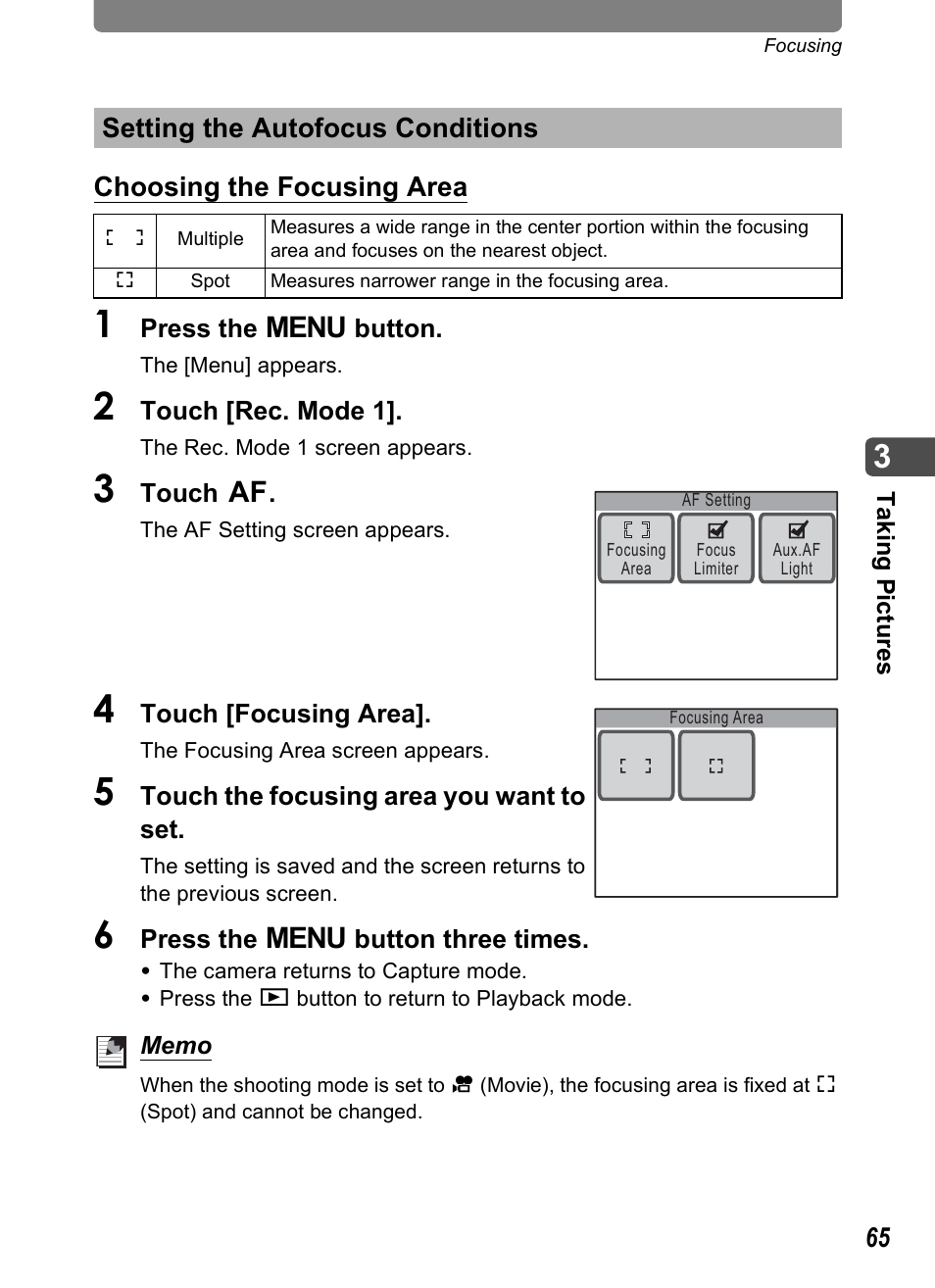 Setting the autofocus conditions, P.65), P.65 | Pentax Optio T10 User Manual | Page 67 / 163