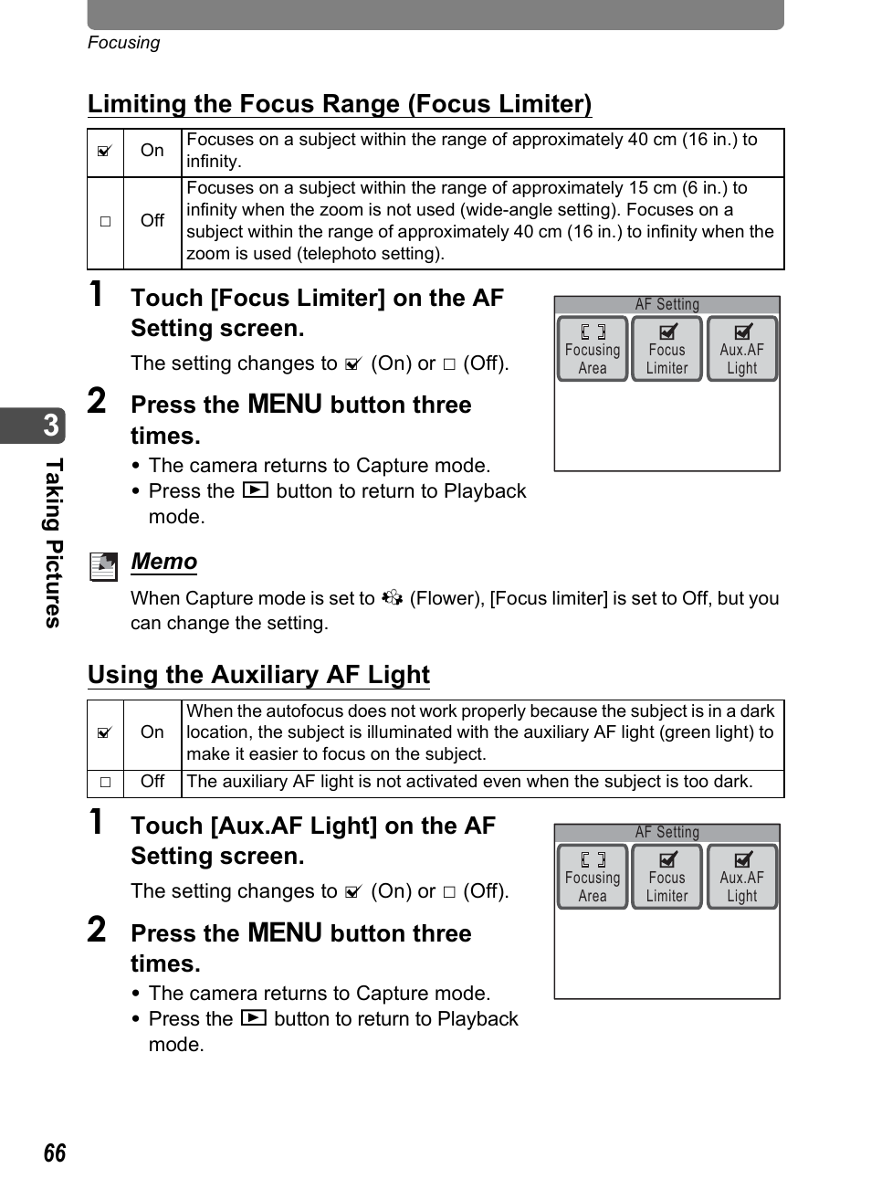 P.66), P.66, Limiting the focus range (focus limiter) | Using the auxiliary af light, Touch [focus limiter] on the af setting screen, Press the 3 button three times, Touch [aux.af light] on the af setting screen | Pentax Optio T10 User Manual | Page 68 / 163