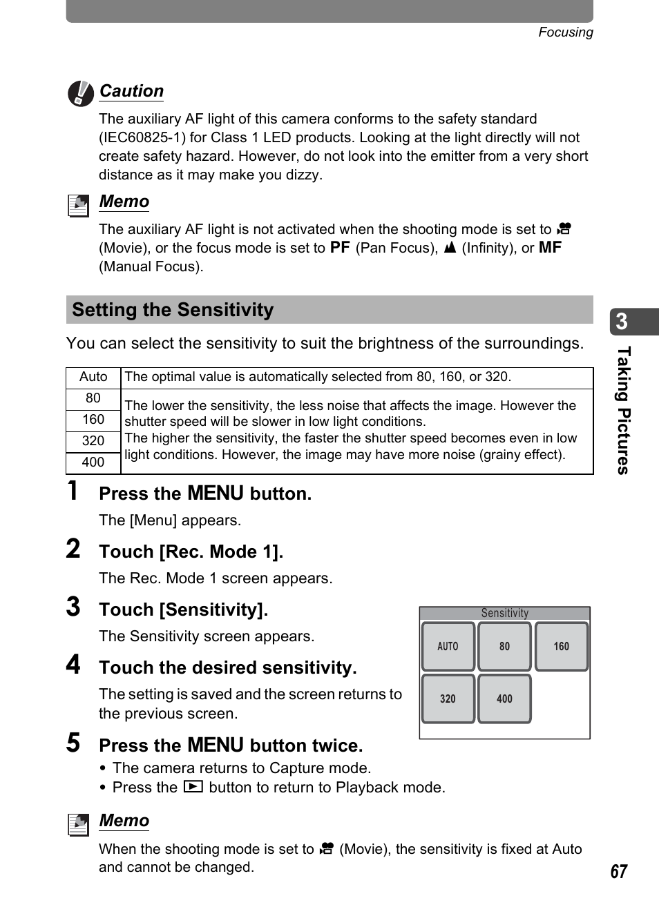 Setting the sensitivity, P.67 | Pentax Optio T10 User Manual | Page 69 / 163