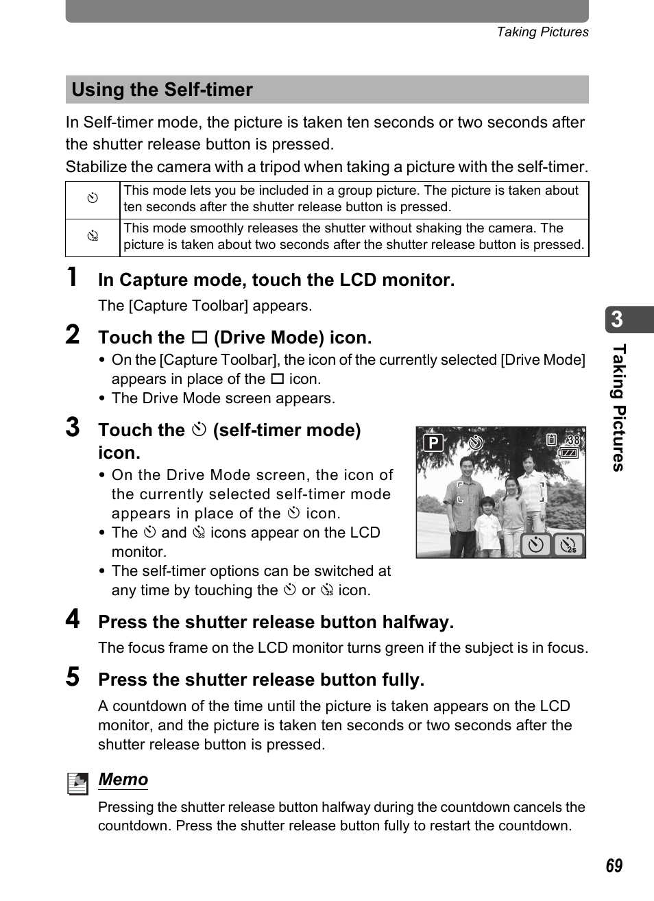 Using the self-timer, P.69, p, P.69) | P.69 | Pentax Optio T10 User Manual | Page 71 / 163