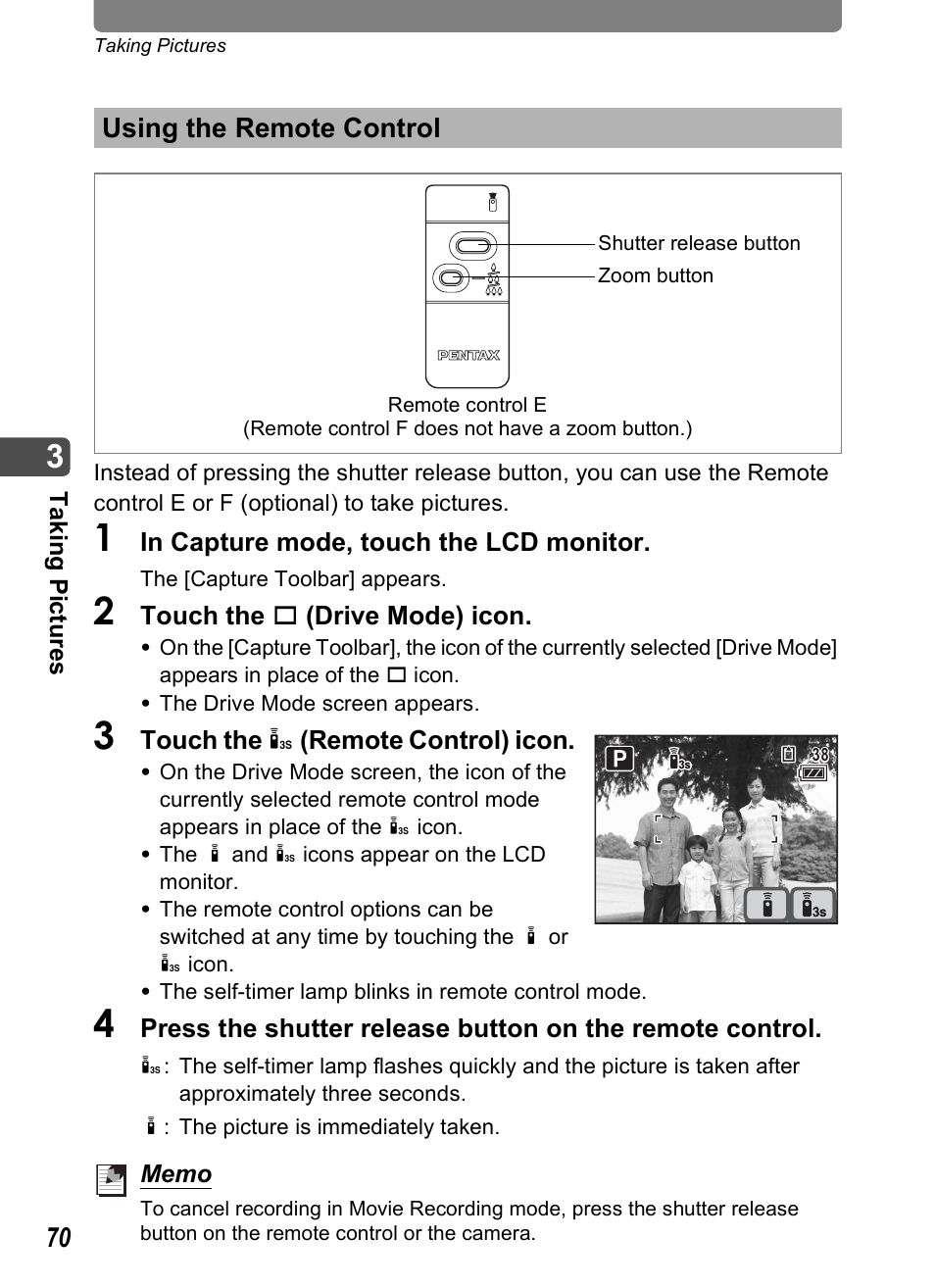 Using the remote control, P.70), P.70 | Pentax Optio T10 User Manual | Page 72 / 163