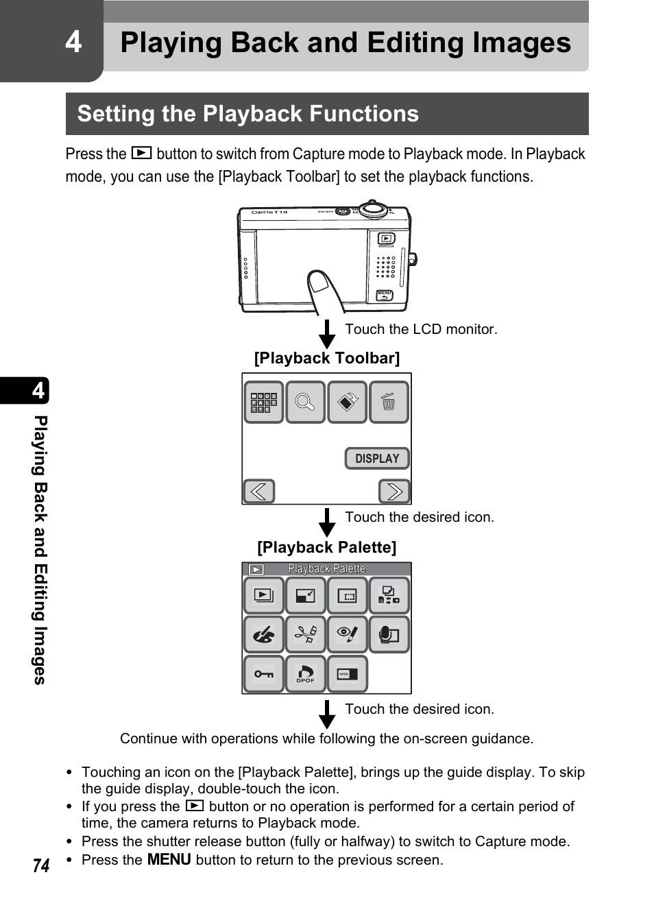 Playing back and editing images, Setting the playback functions, P.74 | P.74), 4 playing back and editing images | Pentax Optio T10 User Manual | Page 76 / 163